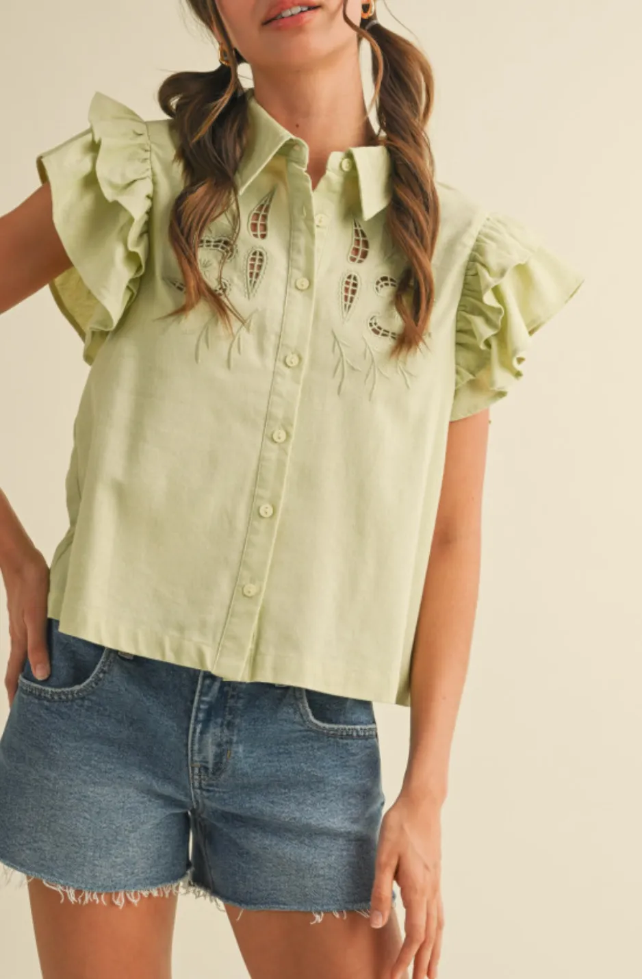 Sara Sage Embroidered Top