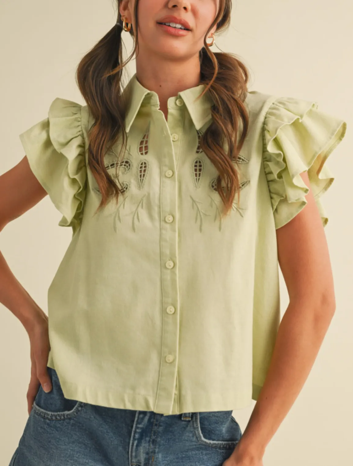 Sara Sage Embroidered Top
