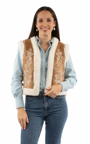Scully Womens Floral Embroidery Faux Sherpa Tan 100% Acrylic Faux Fur Vest