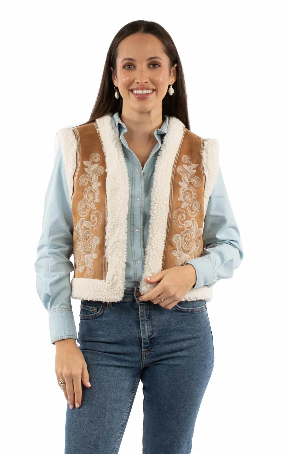 Scully Womens Floral Embroidery Faux Sherpa Tan 100% Acrylic Faux Fur Vest