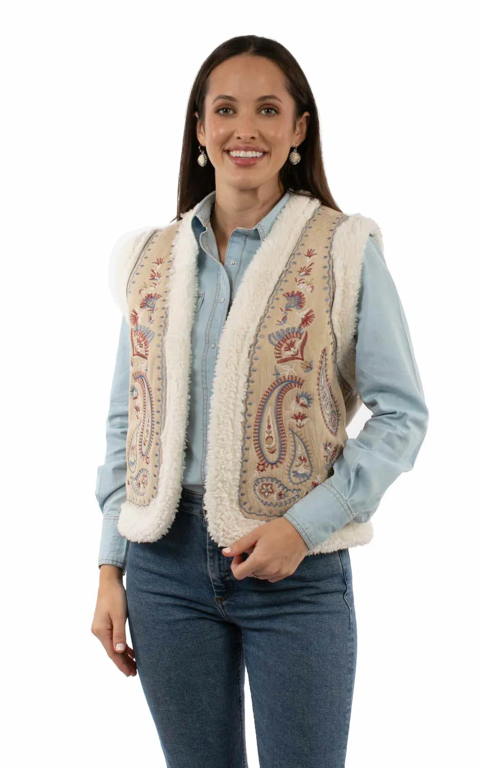 Scully Womens Paisley Embroidery Faux Sherpa Sand 100% Acrylic Faux Fur Vest