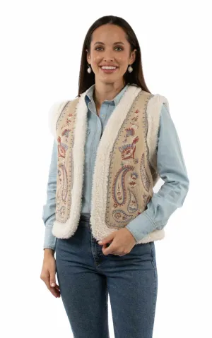 Scully Womens Paisley Embroidery Faux Sherpa Sand 100% Acrylic Faux Fur Vest