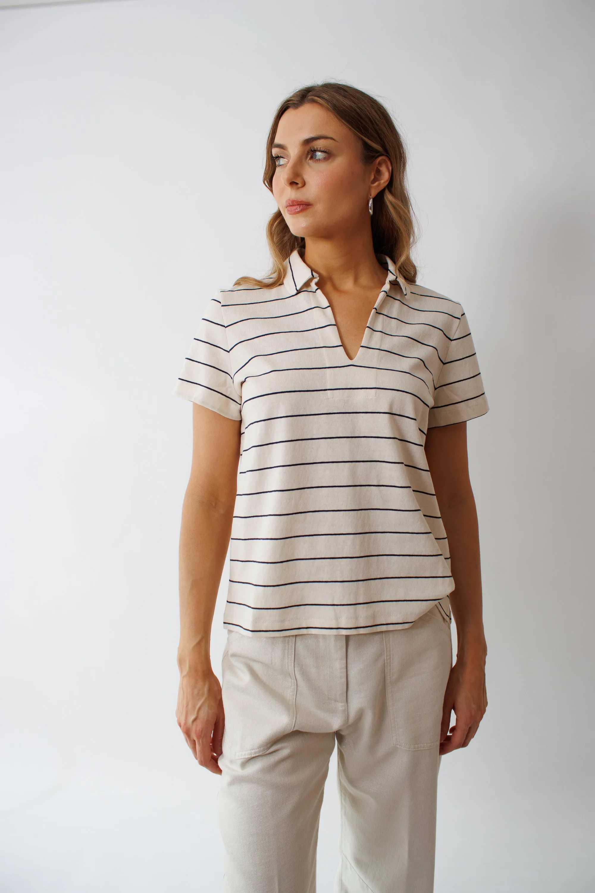 Seventy Raw Cotton Jersey Knit Maxi Stripe Open Polo
