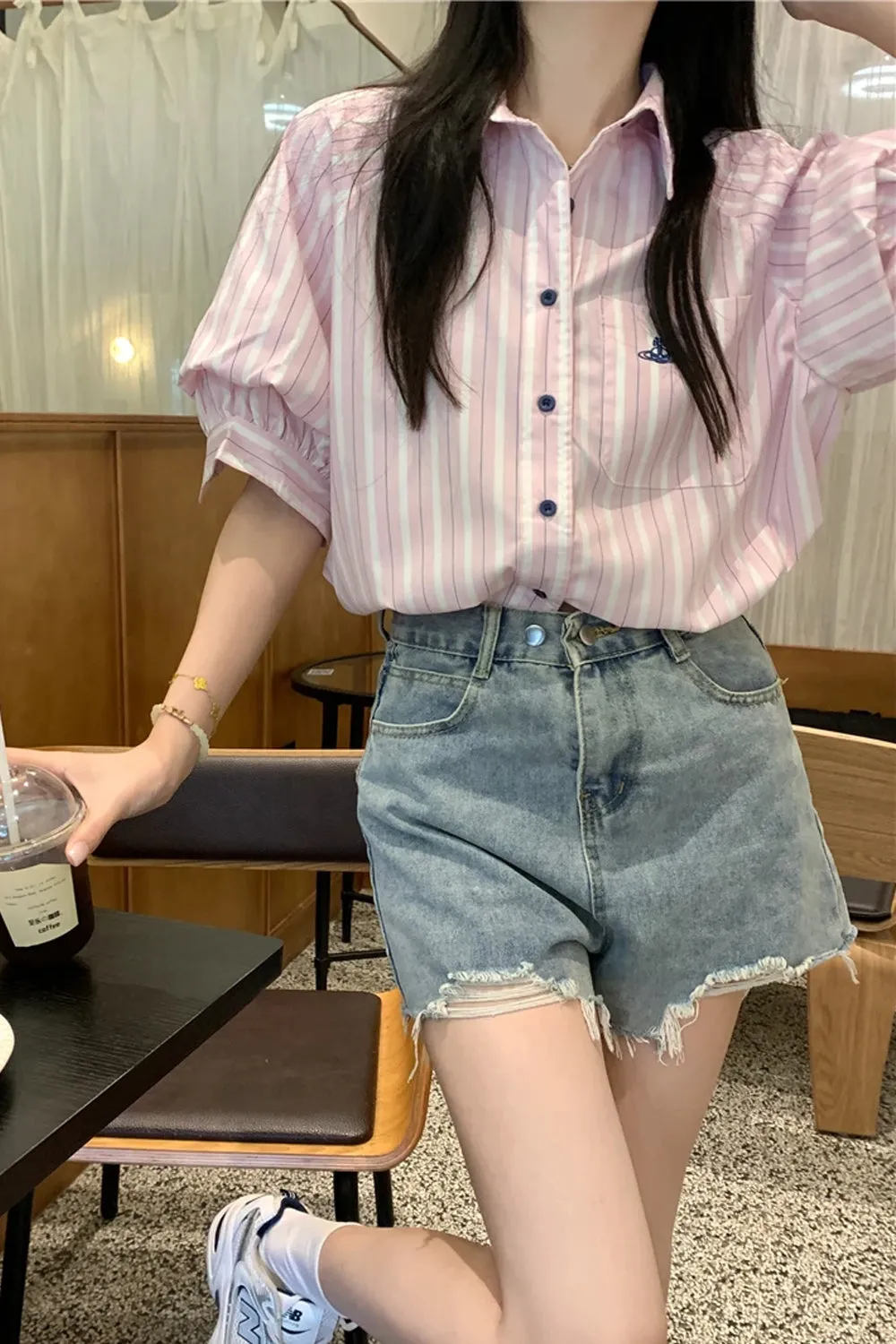 Short Sleeve Vertical Striped Blouse Shirts