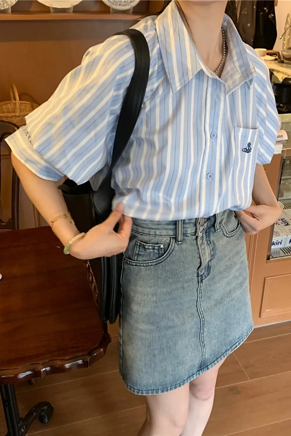 Short Sleeve Vertical Striped Blouse Shirts