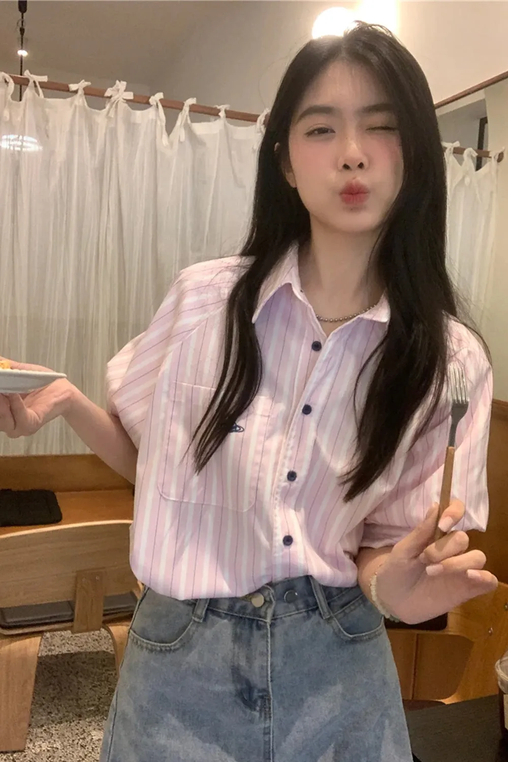 Short Sleeve Vertical Striped Blouse Shirts