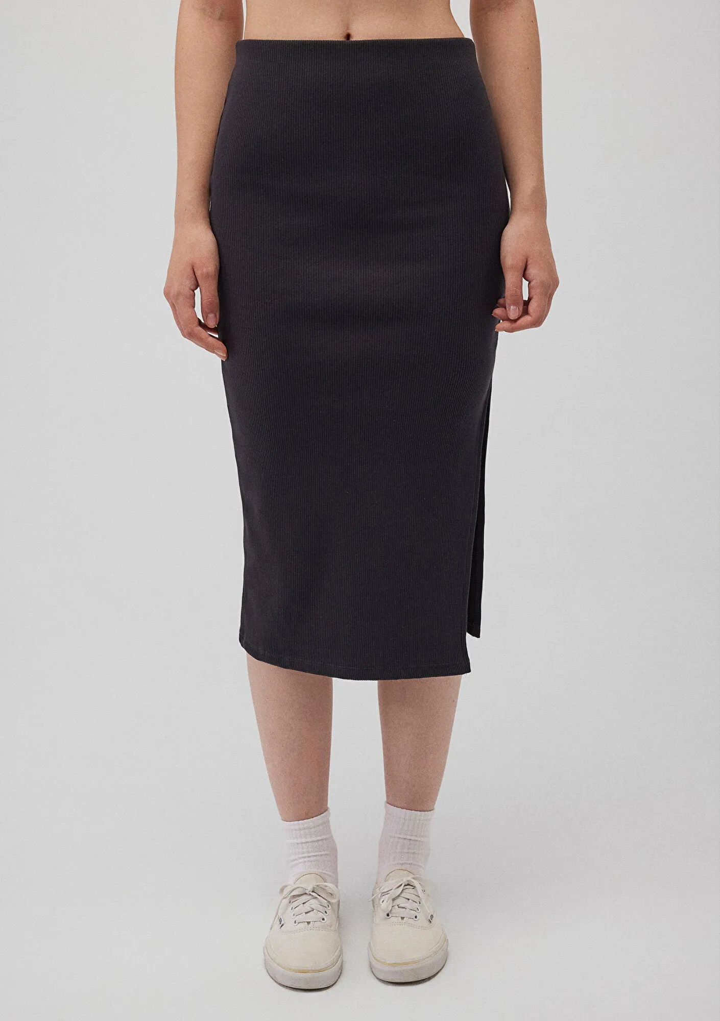 Side Slit Black Midi Skirt