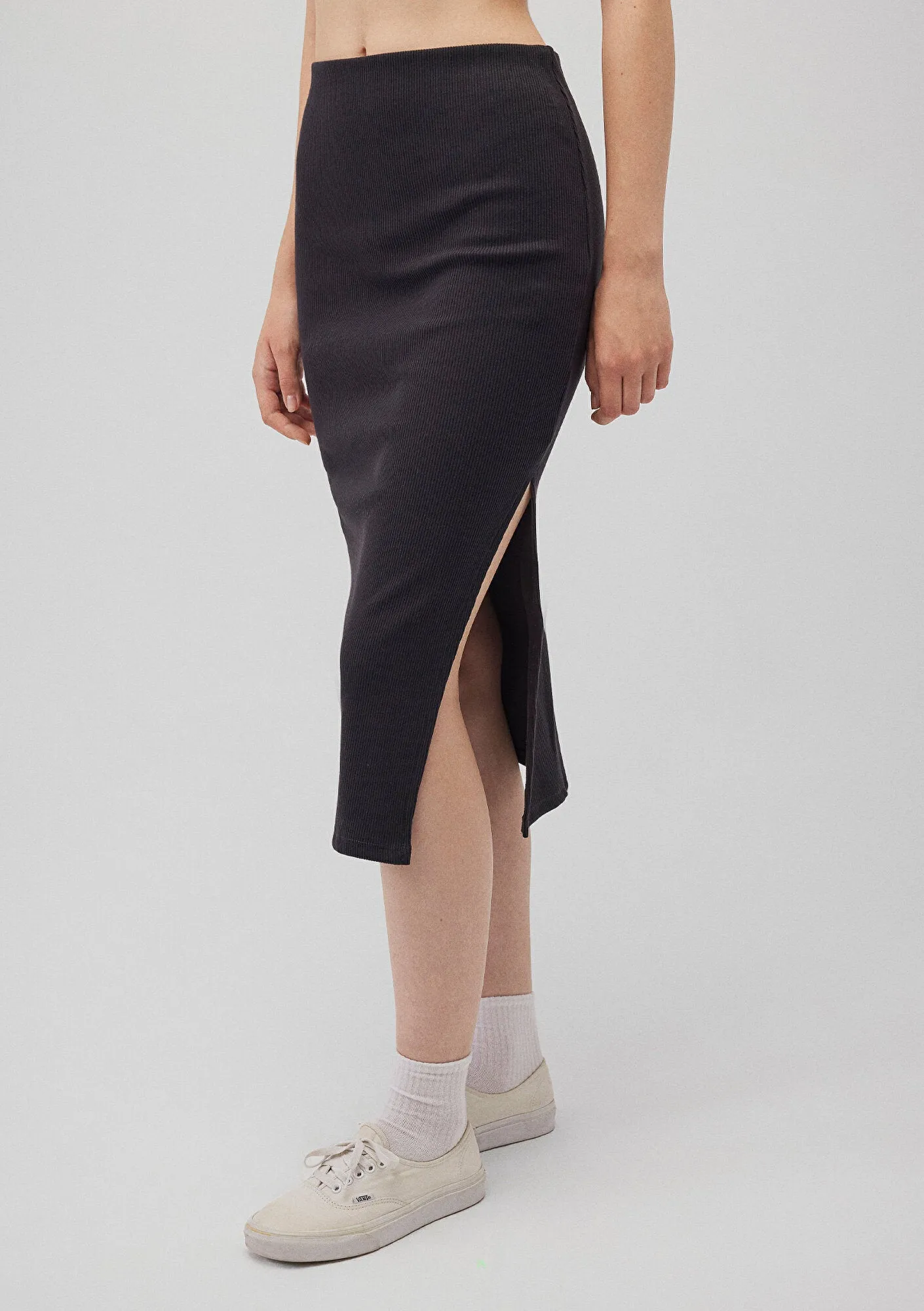 Side Slit Black Midi Skirt