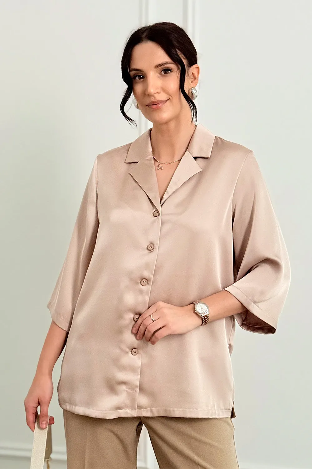 Silk shirt with jacket collar in the color "Mocha"