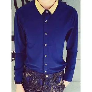 Simple Fashion Turn-down Collar Classic Color Block Long Sleeves Men's Slim Fit Cool Shirt - Cadetblue Xl