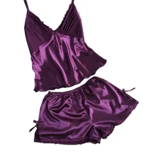 Style pajamas sets Women Female Sleep set Women's Deep V-neck Spaghetti Strap Shorts Sleepwear silk home wear