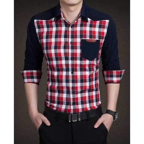 Stylish Shirt Collar Multicolor Checked Splicing Pocket Labeling Slimming Long Sleeve Cotton Blend Shirt For Men - Red L