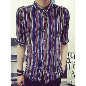 Stylish Turn-down Collar Colorized Stripes Print Slim Fit Half Sleeves Men's Button-Down Shirt - 2xl