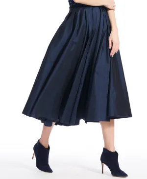 TEA LENGTH PLEATED SOFT TAFFETA MIDI SKIRT NAVY