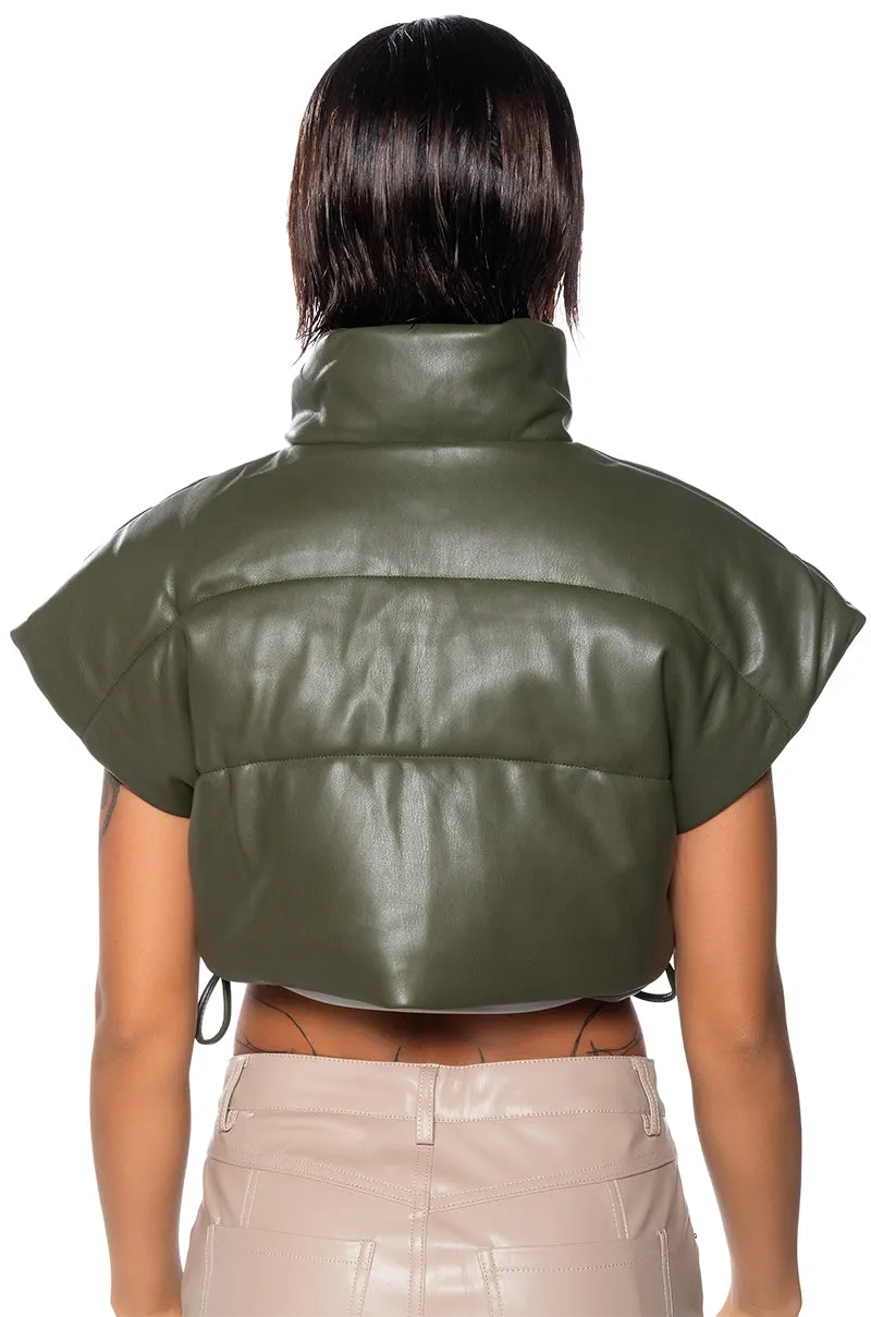 ULTRA CROP PU VEST WITH PULL STRINGS IN OLIVE
