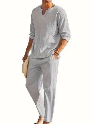Urban Vibe™ | Men's Casual Two-Piece Outfit | V-Neck Long Sleeve Top & Relaxed Fit Trousers, Lightweight Fabric