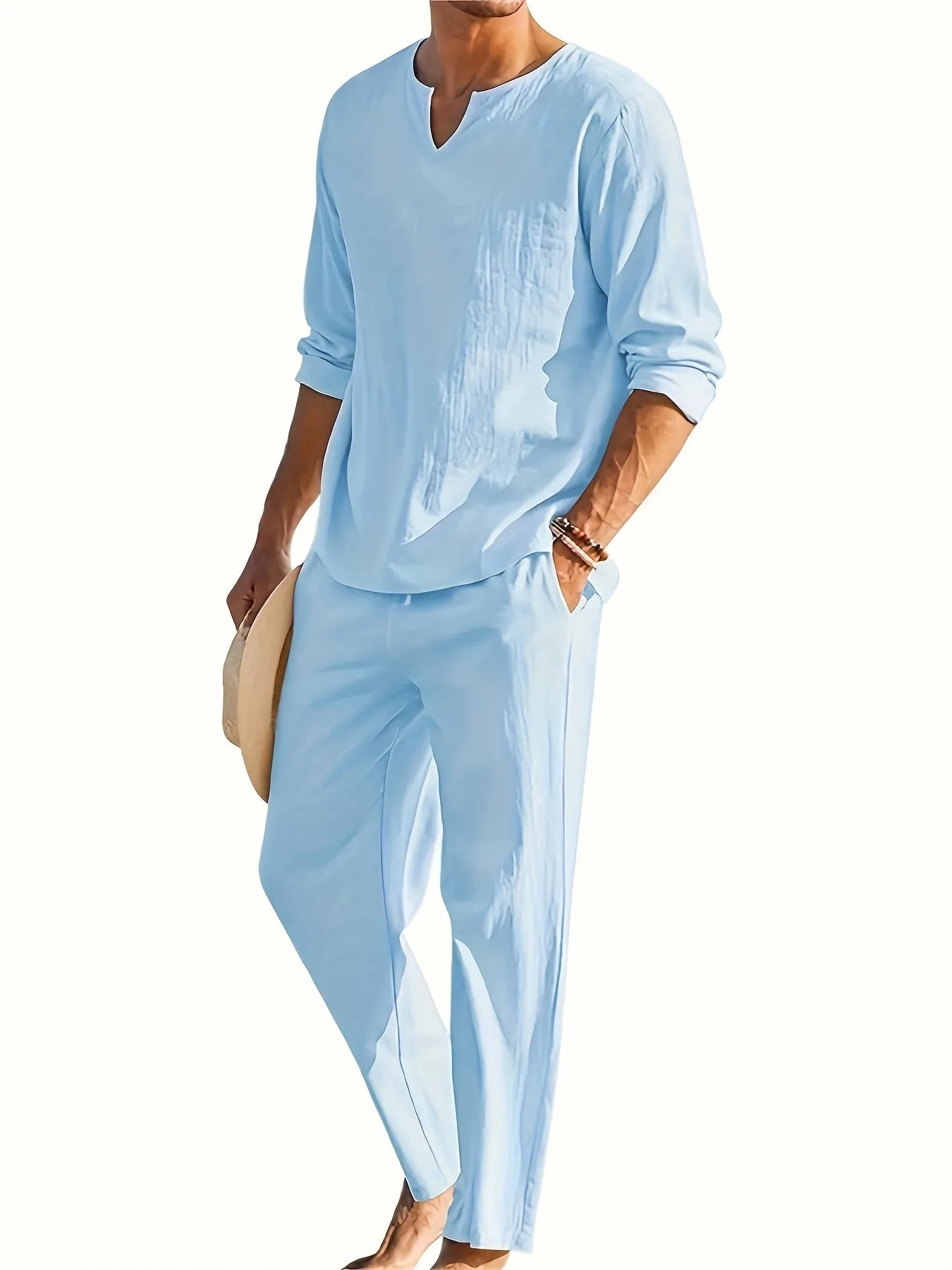 Urban Vibe™ | Men's Casual Two-Piece Outfit | V-Neck Long Sleeve Top & Relaxed Fit Trousers, Lightweight Fabric