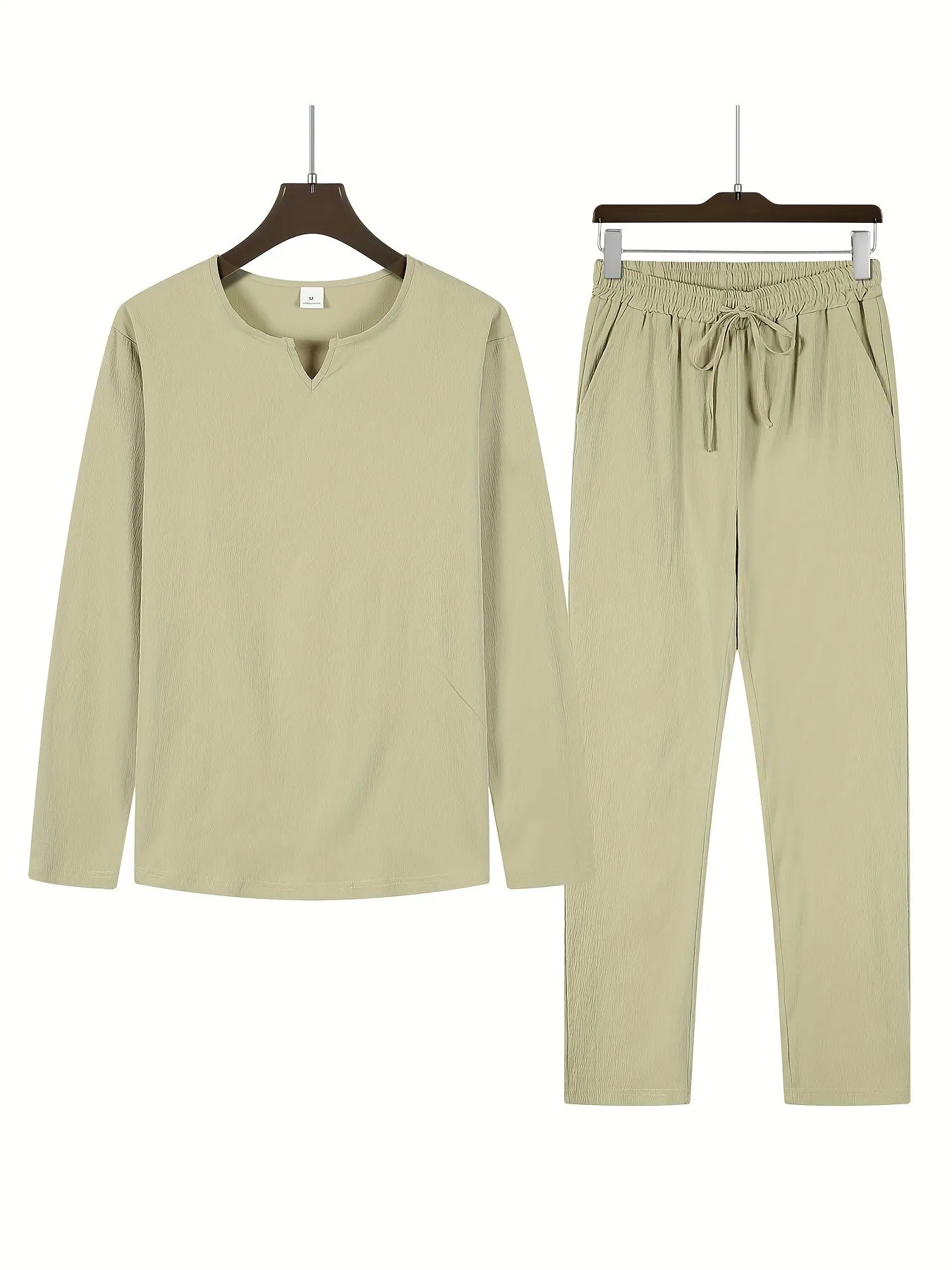 Urban Vibe™ | Men's Casual Two-Piece Outfit | V-Neck Long Sleeve Top & Relaxed Fit Trousers, Lightweight Fabric
