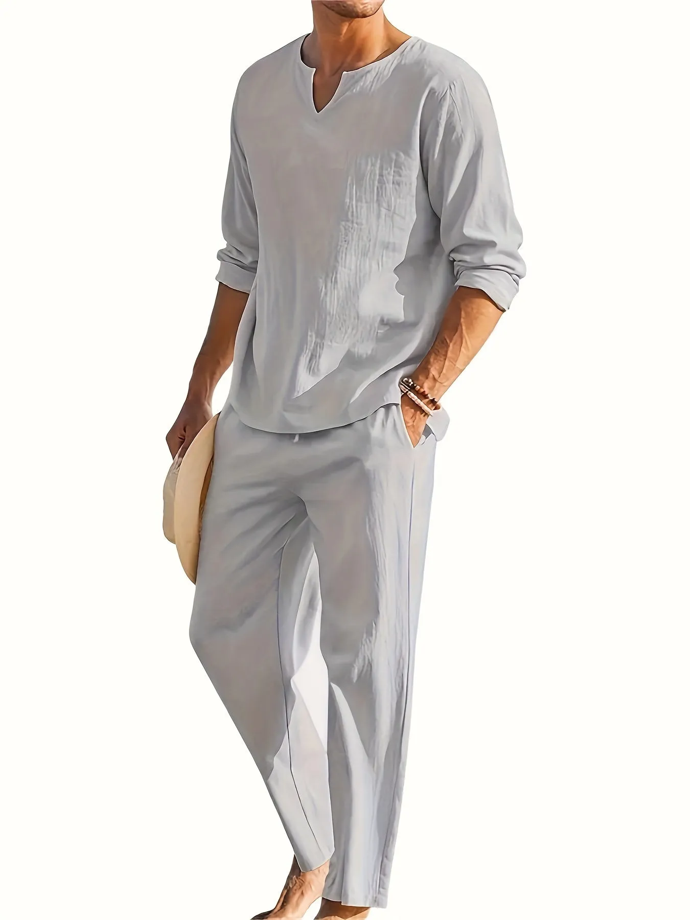 Urban Vibe™ | Men's Casual Two-Piece Outfit | V-Neck Long Sleeve Top & Relaxed Fit Trousers, Lightweight Fabric