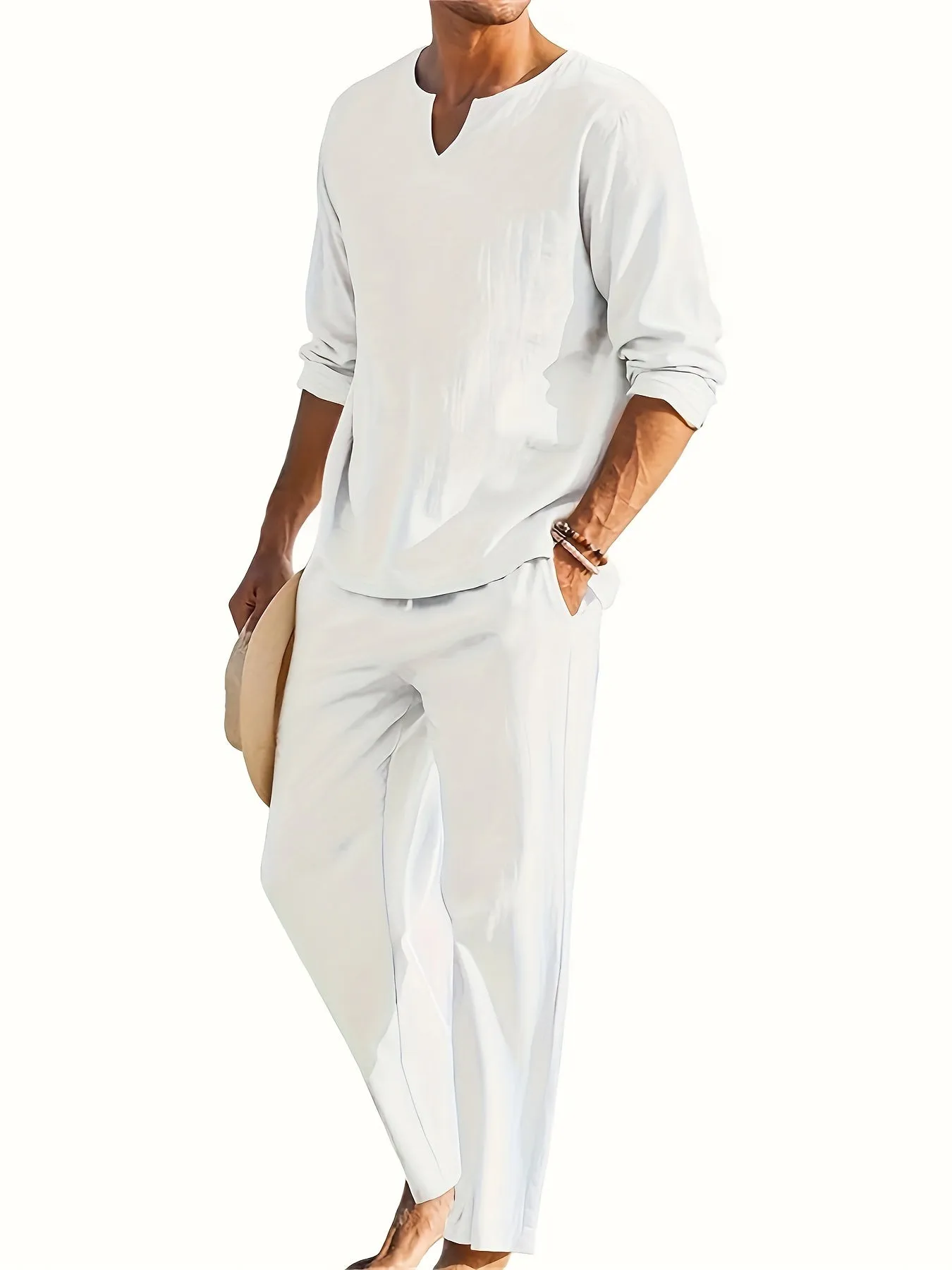 Urban Vibe™ | Men's Casual Two-Piece Outfit | V-Neck Long Sleeve Top & Relaxed Fit Trousers, Lightweight Fabric