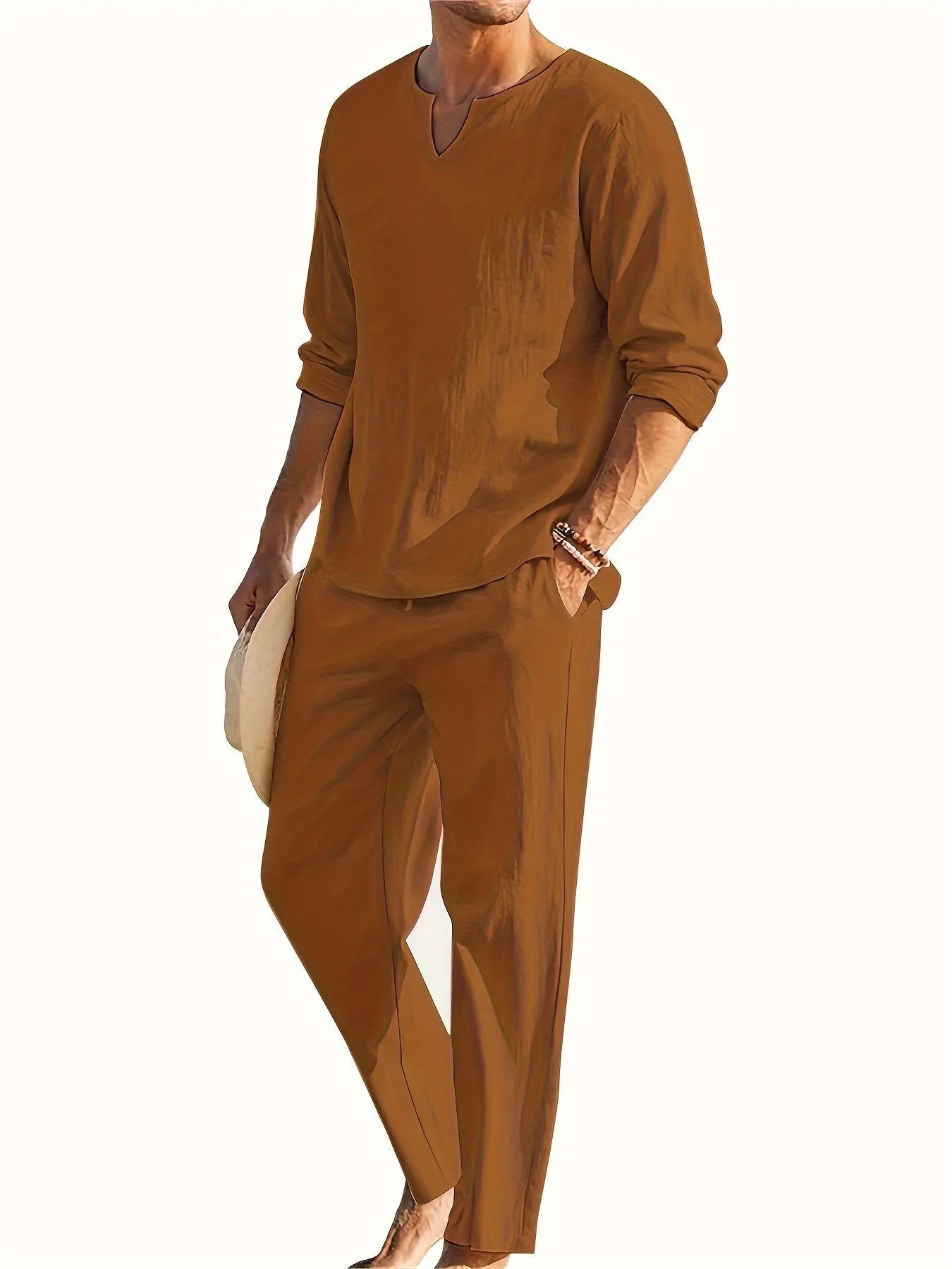 Urban Vibe™ | Men's Casual Two-Piece Outfit | V-Neck Long Sleeve Top & Relaxed Fit Trousers, Lightweight Fabric
