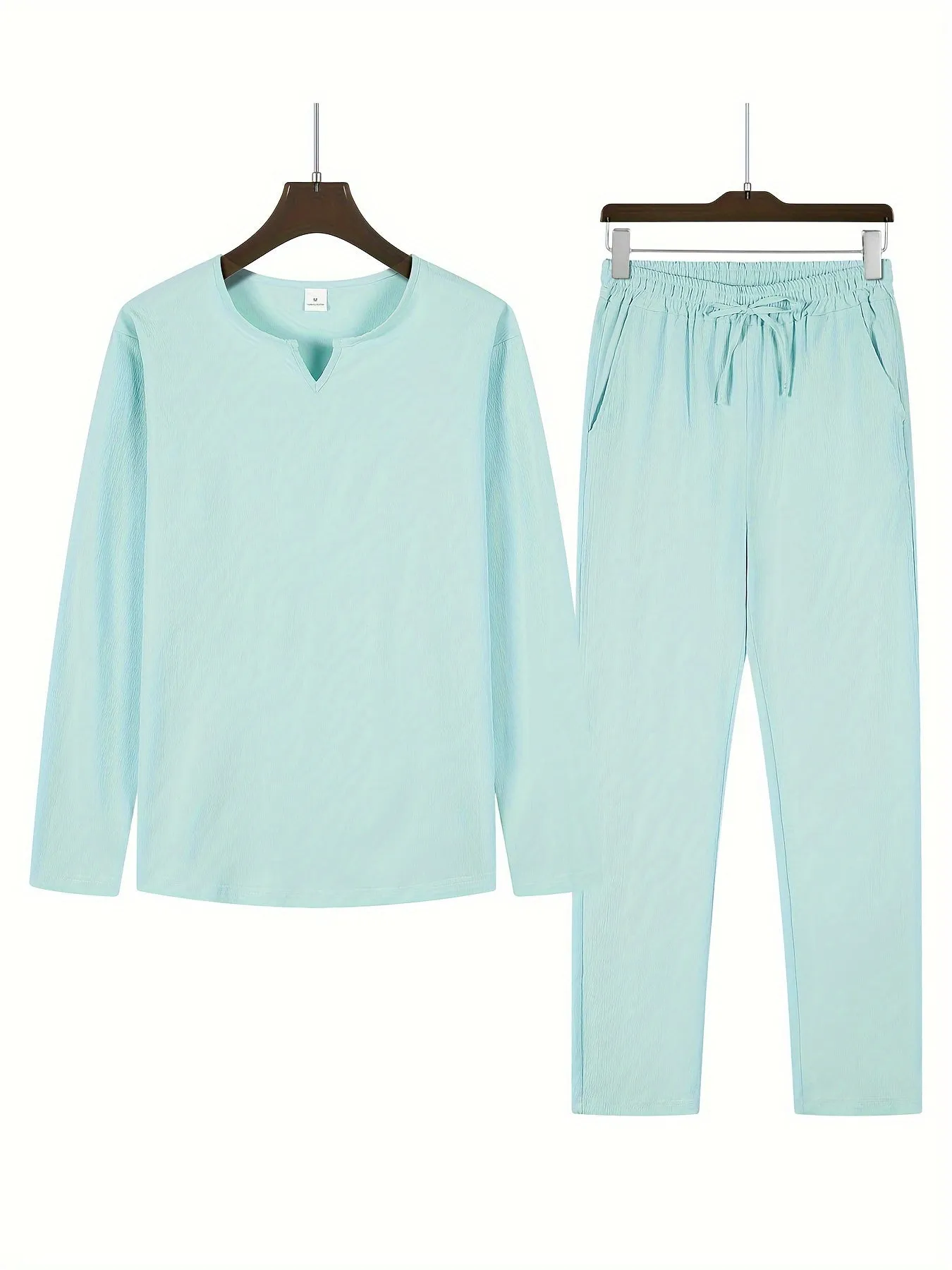 Urban Vibe™ | Men's Casual Two-Piece Outfit | V-Neck Long Sleeve Top & Relaxed Fit Trousers, Lightweight Fabric