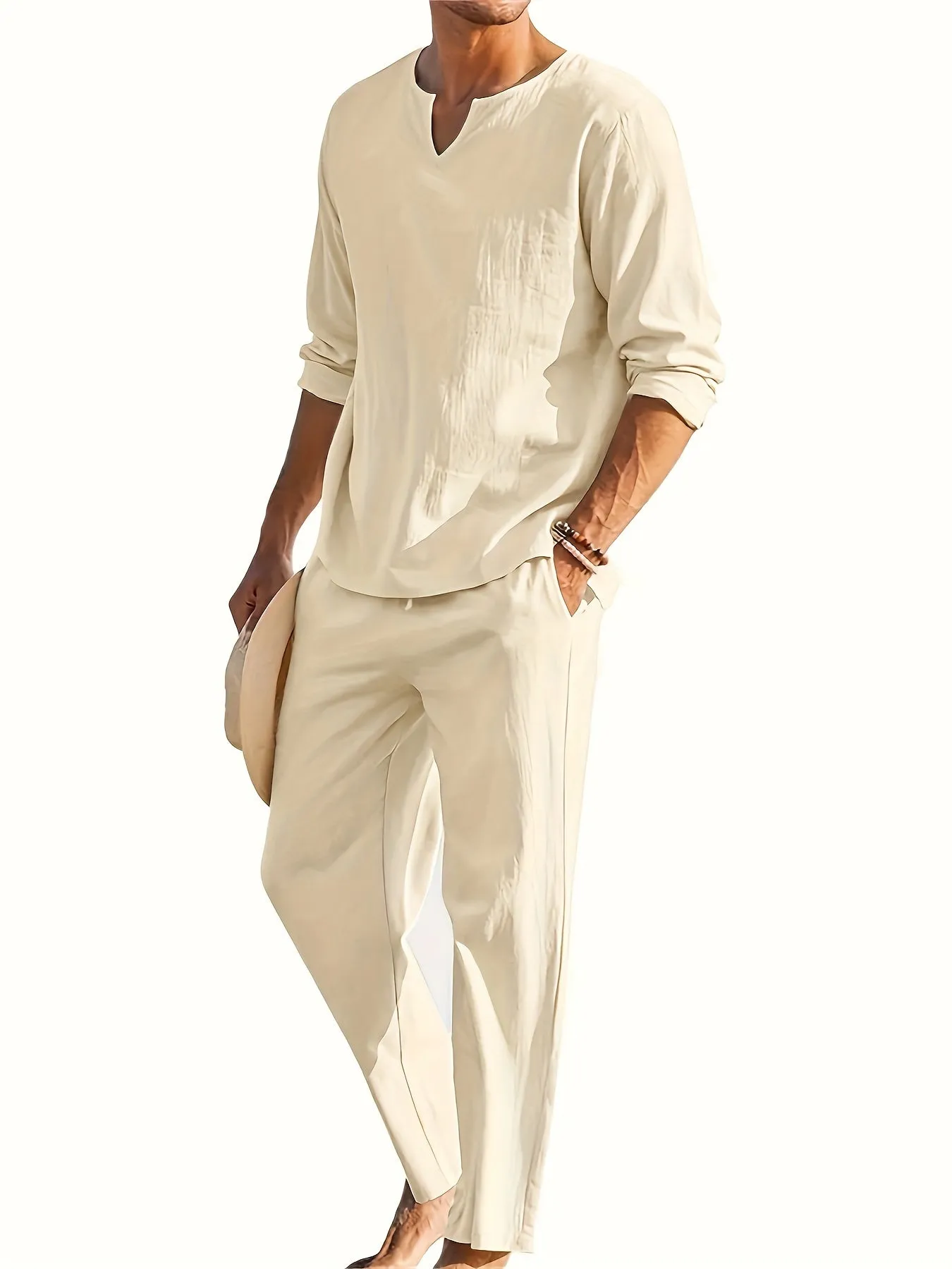 Urban Vibe™ | Men's Casual Two-Piece Outfit | V-Neck Long Sleeve Top & Relaxed Fit Trousers, Lightweight Fabric