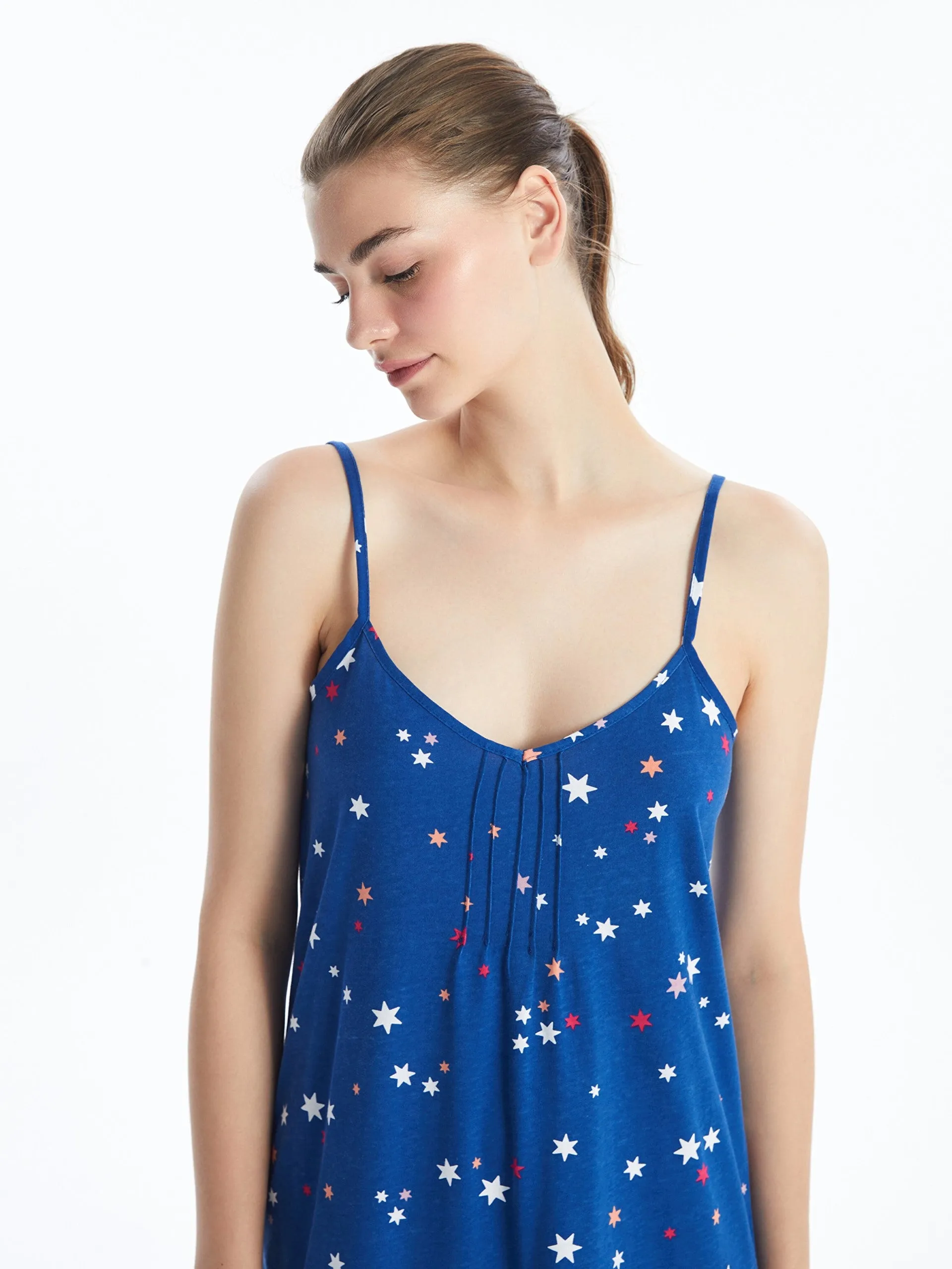 V-Neck Patterned Strappy Women Nightgown