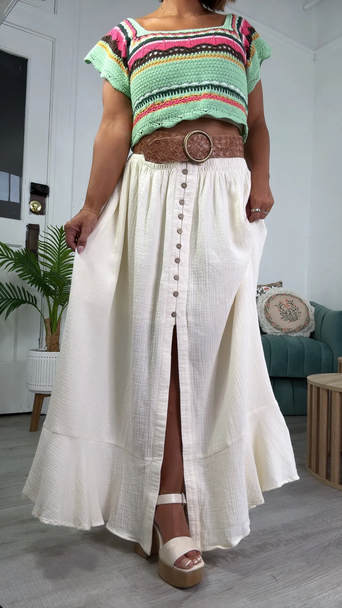 Whispering Willow Button Maxi Skirt, Cream