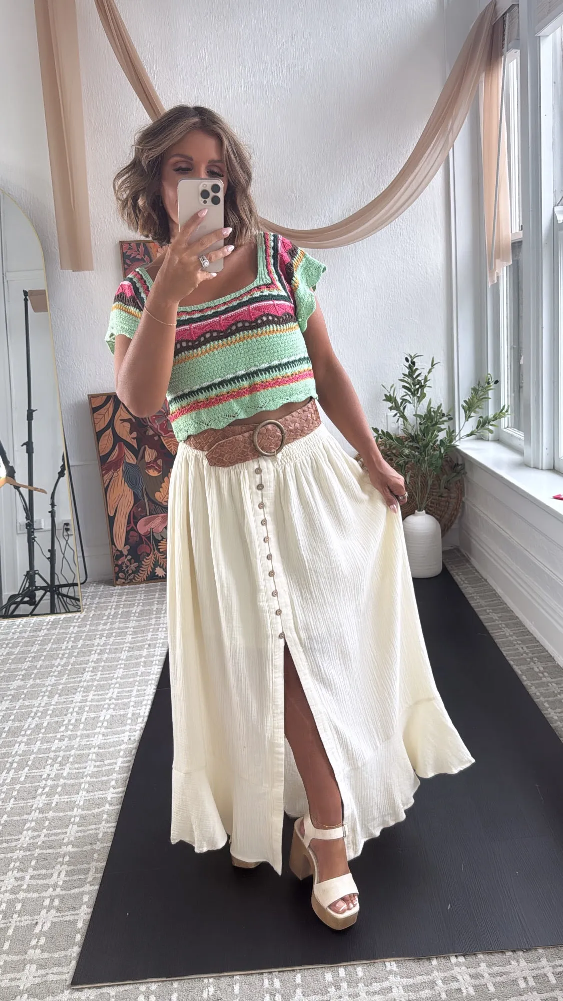Whispering Willow Button Maxi Skirt, Cream