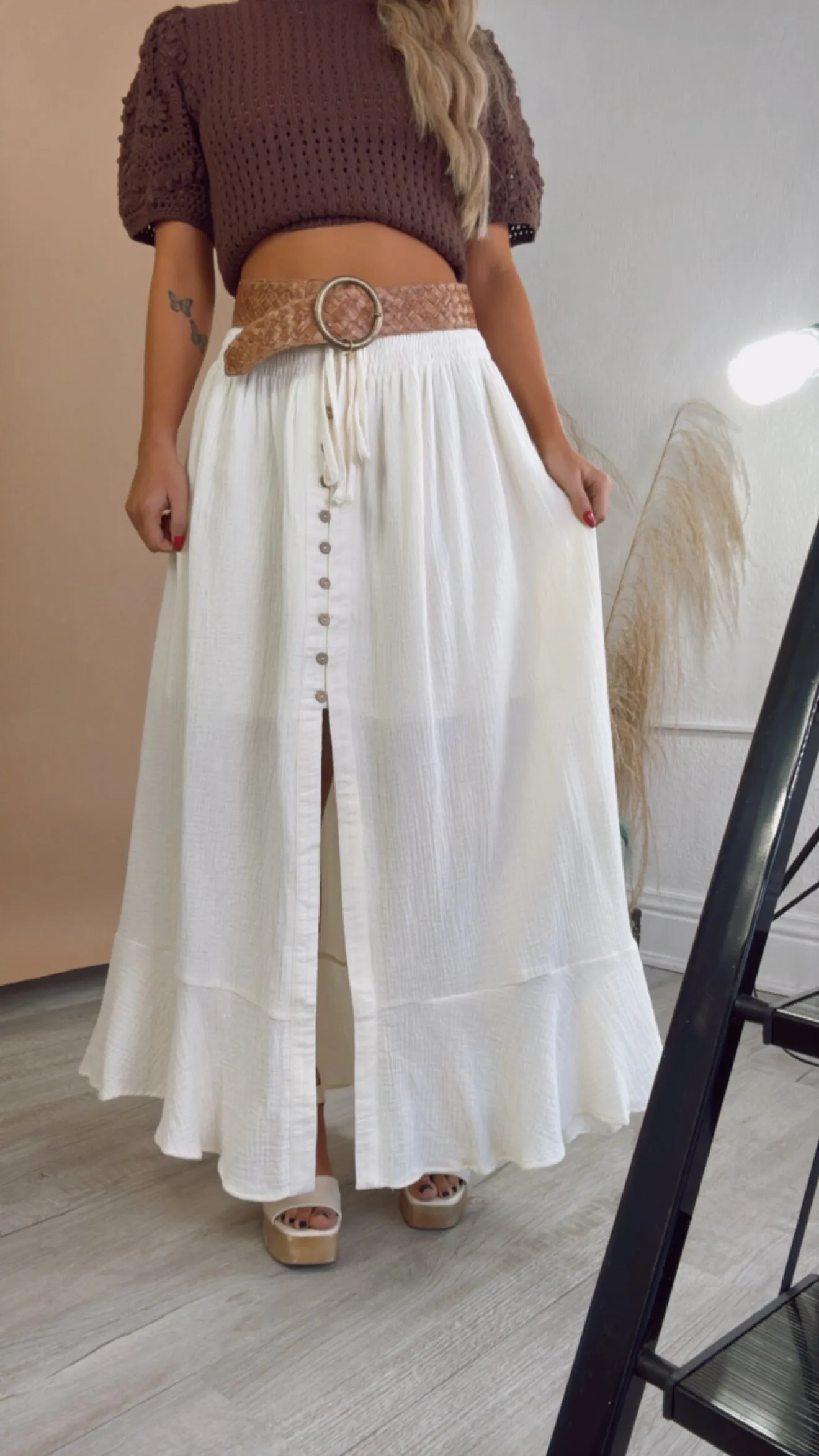 Whispering Willow Button Maxi Skirt, Cream