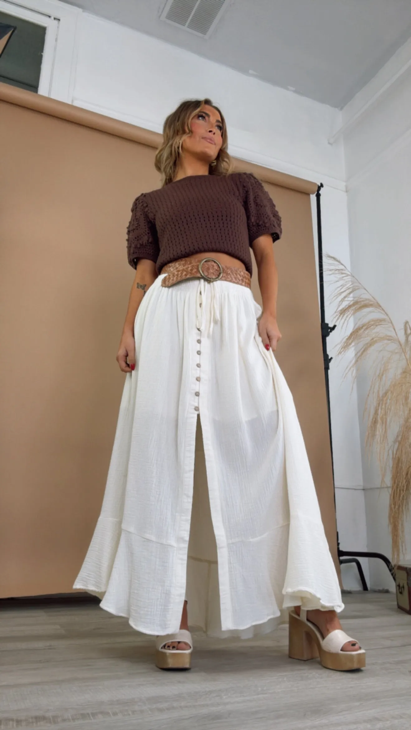 Whispering Willow Button Maxi Skirt, Cream