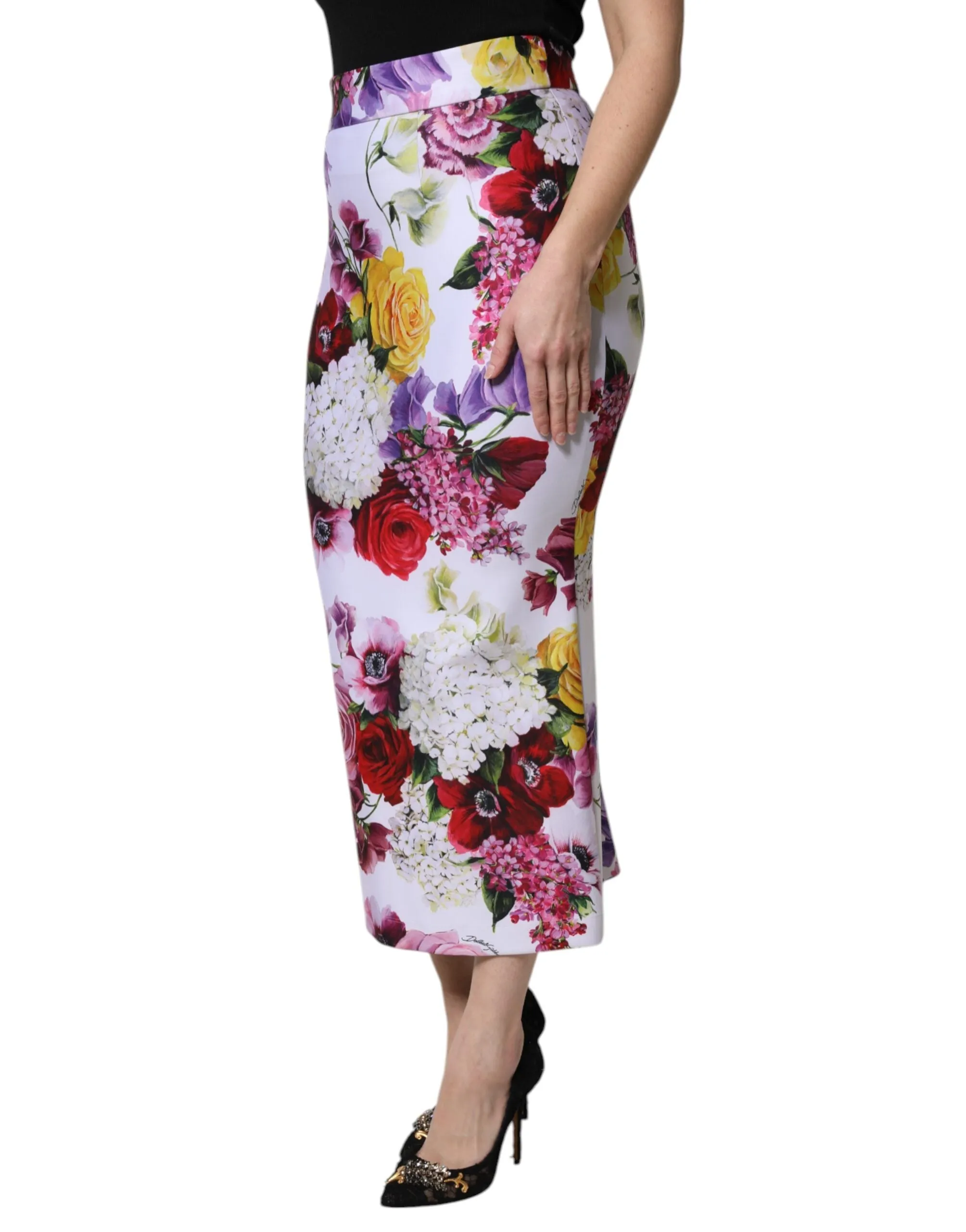 White Nylon Floral Pencil Cut Midi Skirt