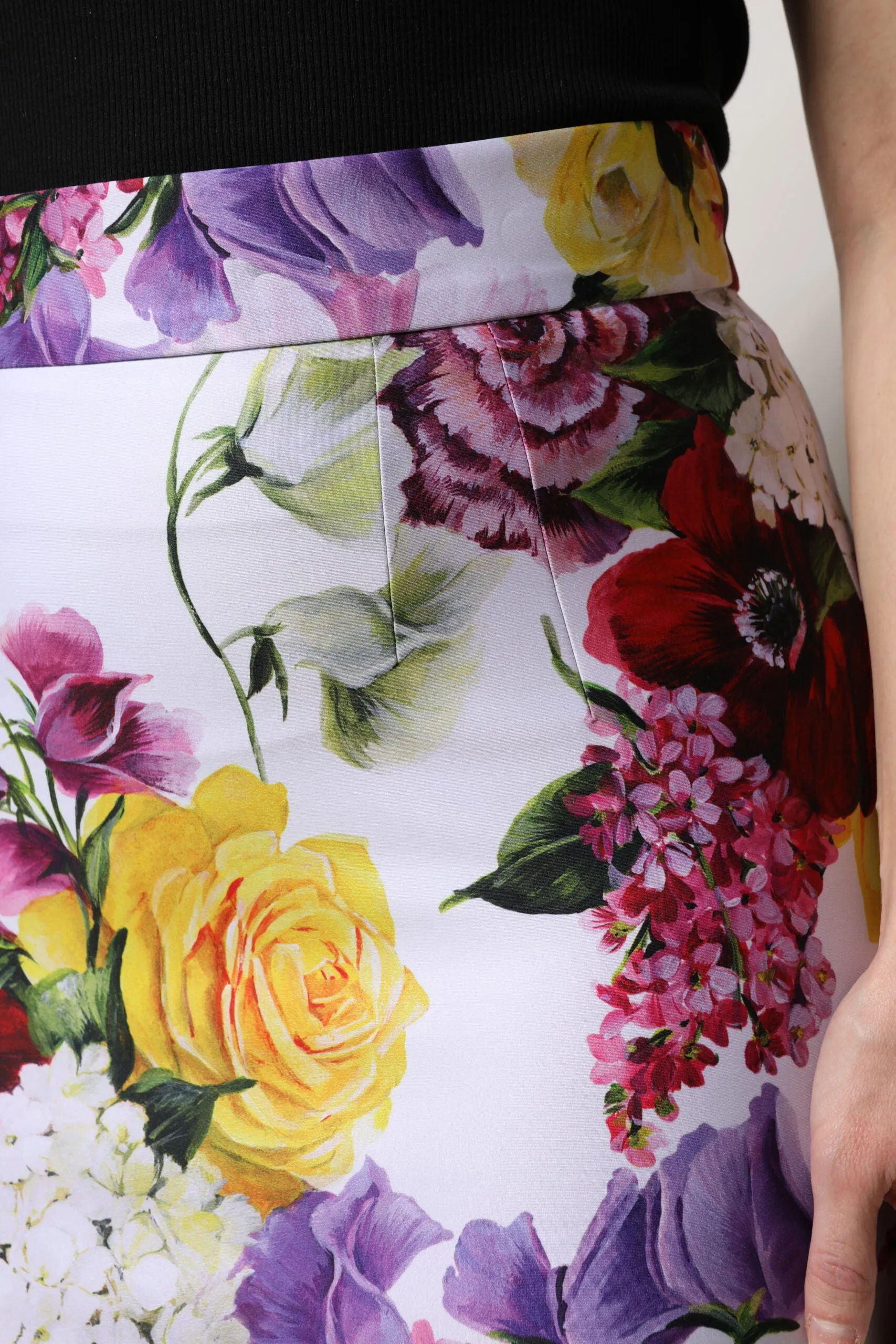 White Nylon Floral Pencil Cut Midi Skirt