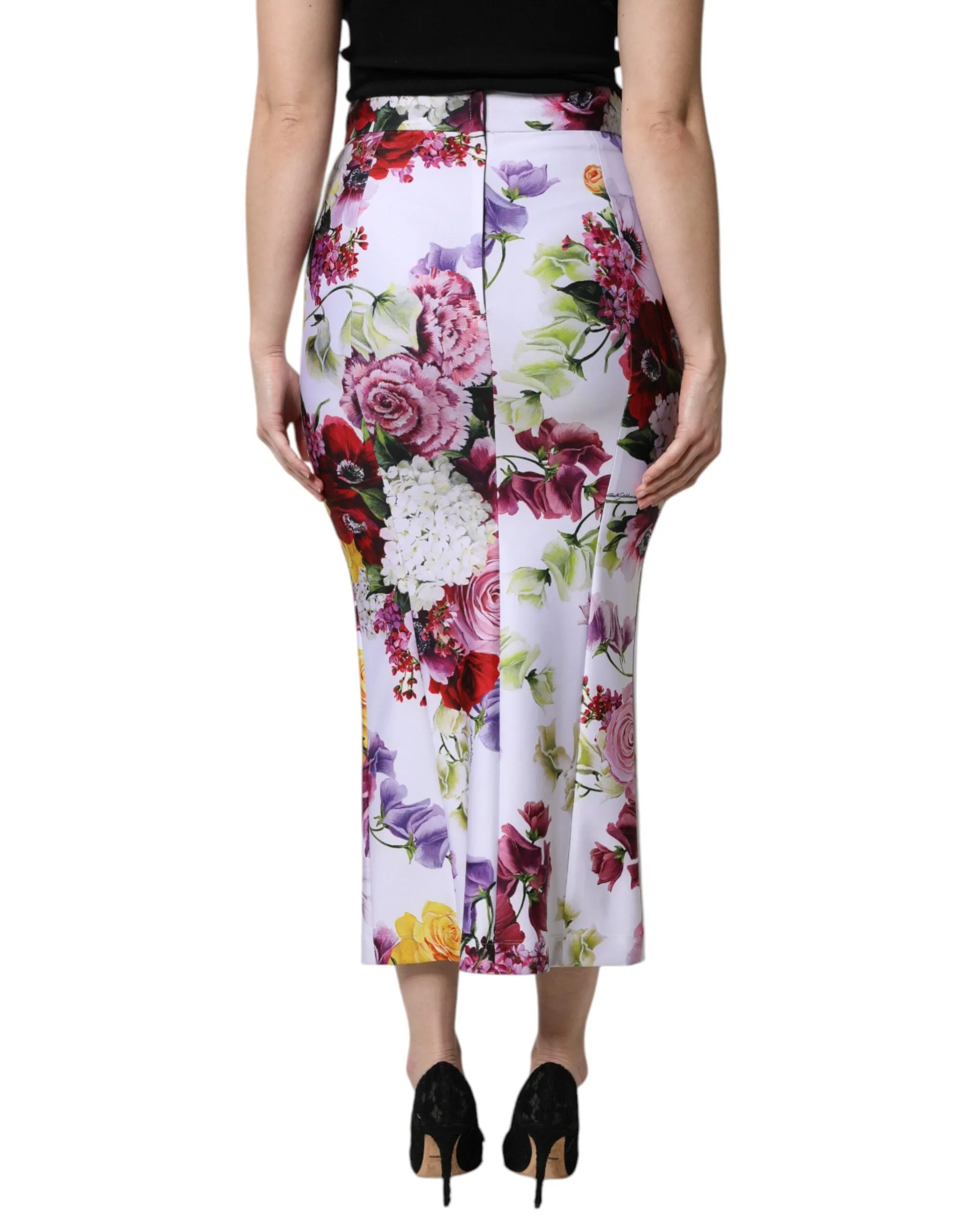 White Nylon Floral Pencil Cut Midi Skirt