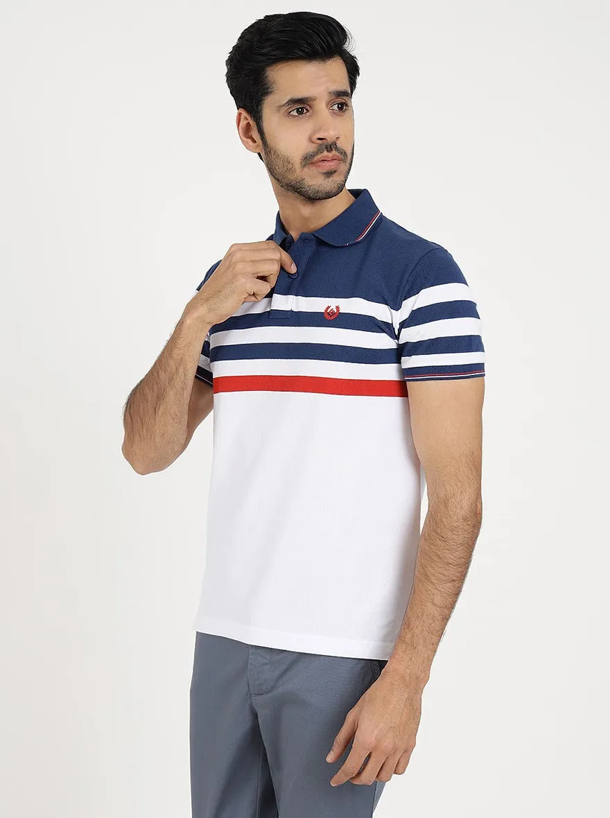 White Striped Slim Fit Polo T-Shirt | Greenfibre