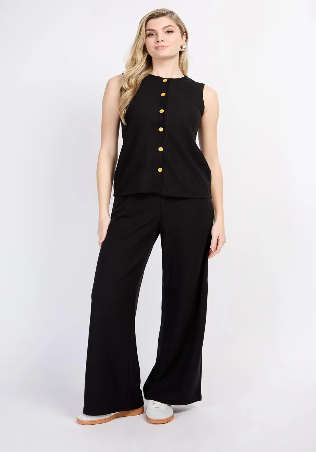 Wide Leg Knitted Trousers - Black