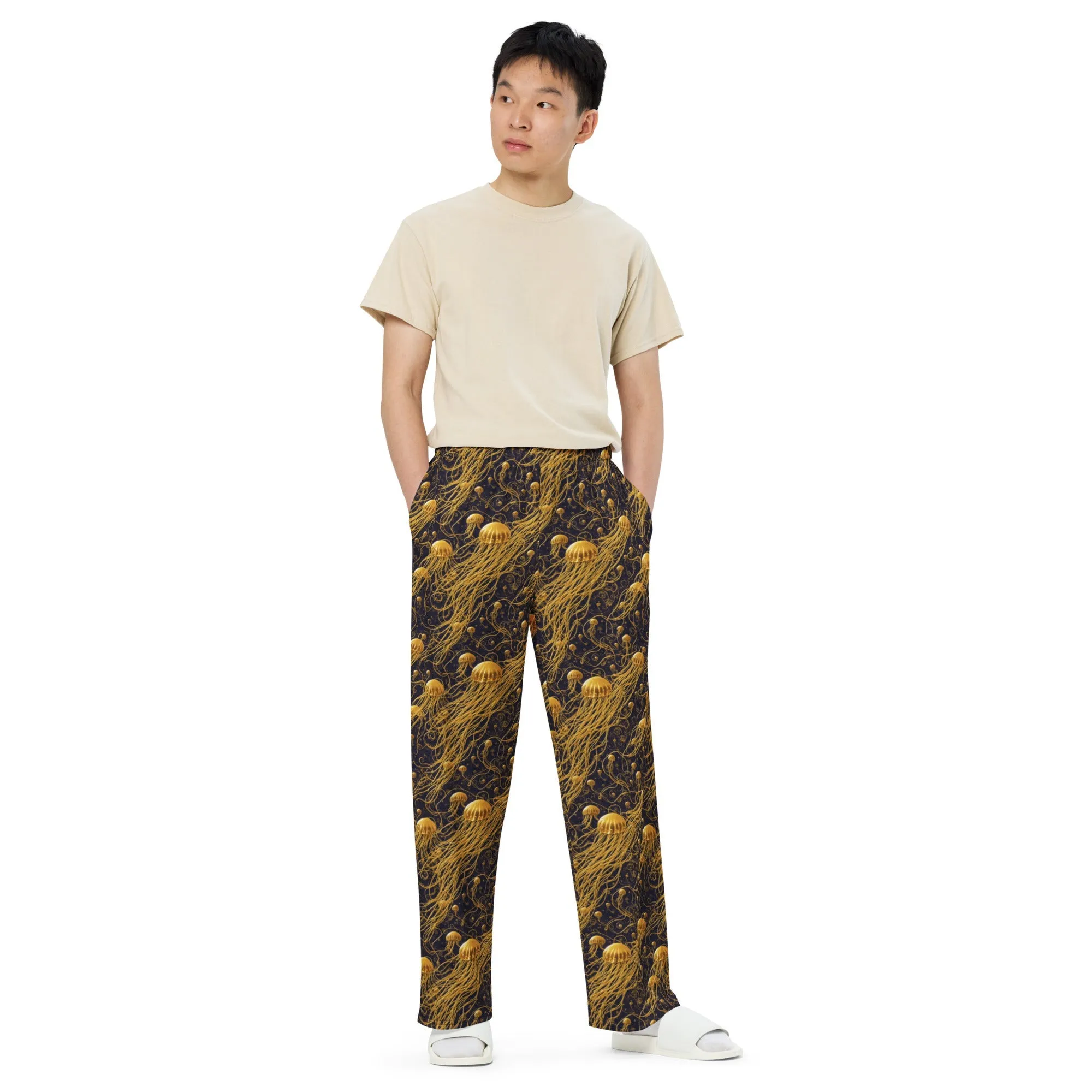 Wide-leg Pants - Black and Gold Jellyfishes