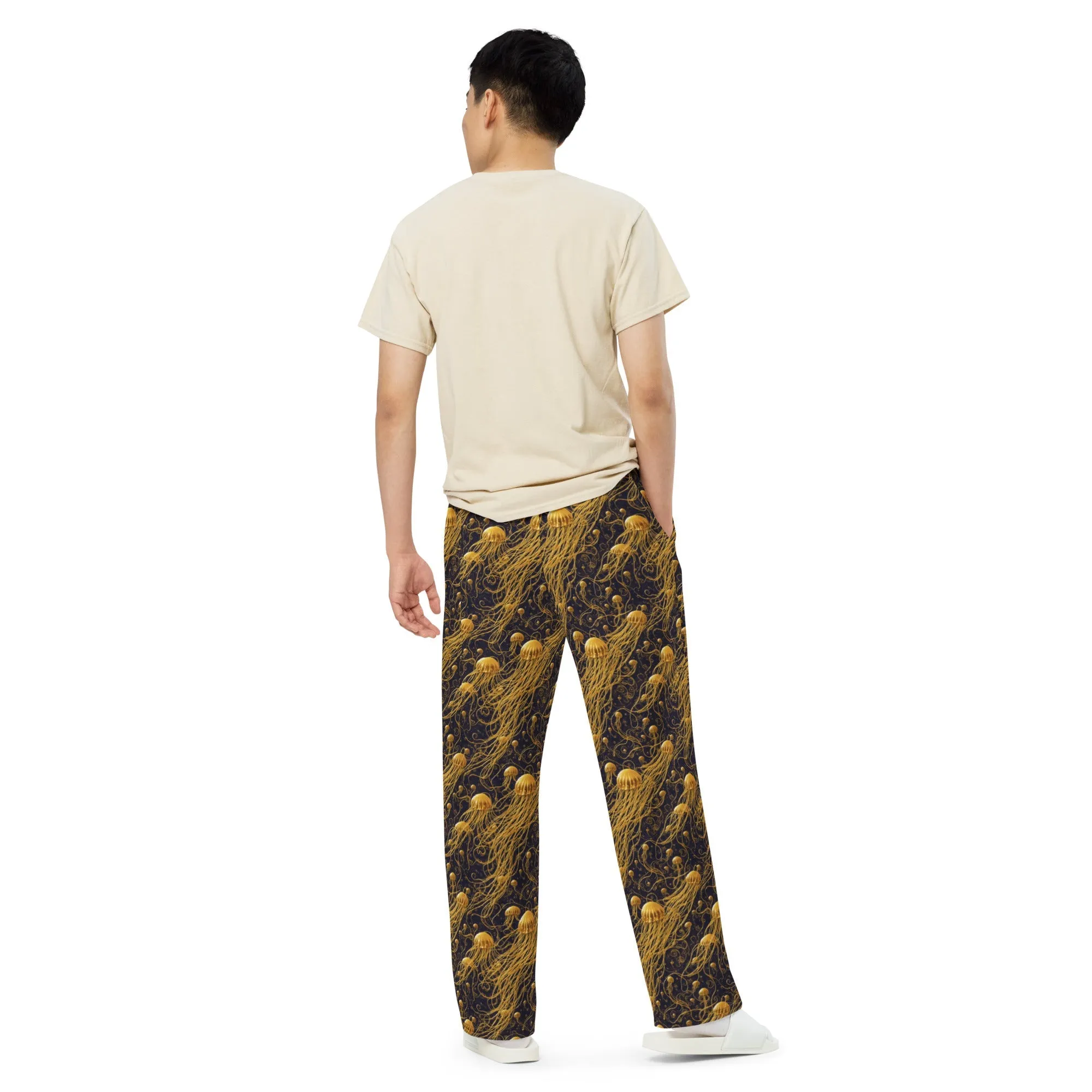 Wide-leg Pants - Black and Gold Jellyfishes