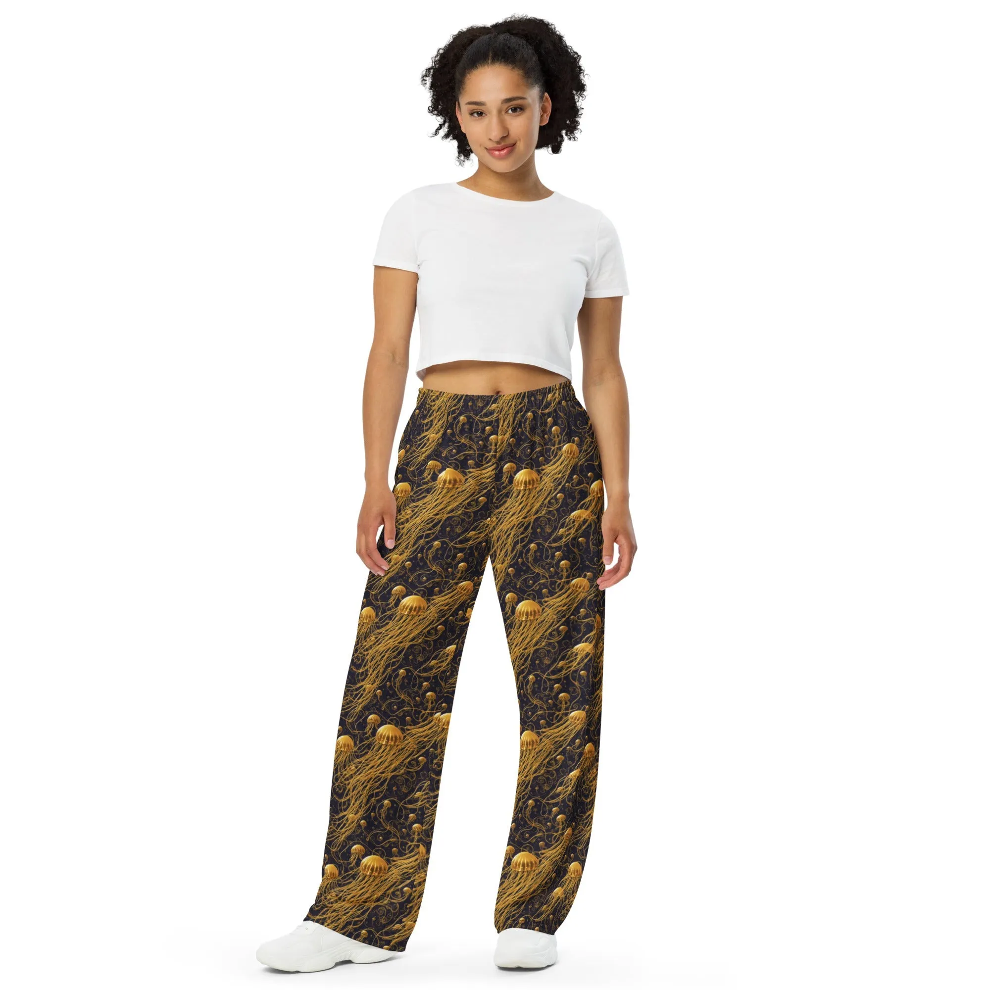 Wide-leg Pants - Black and Gold Jellyfishes