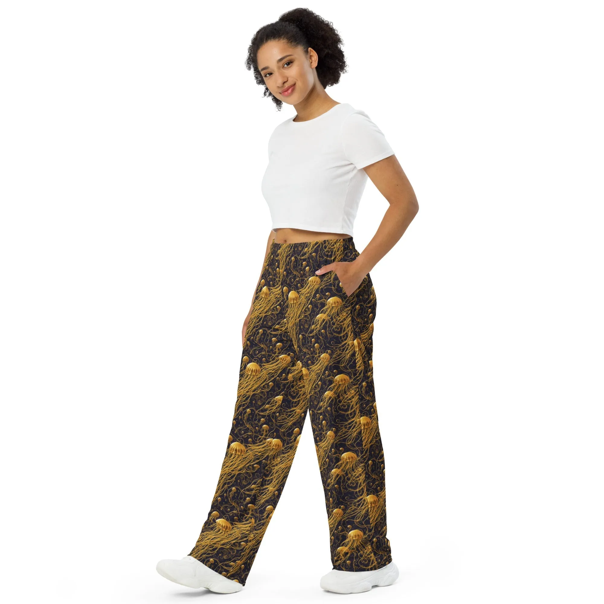 Wide-leg Pants - Black and Gold Jellyfishes