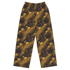 Wide-leg Pants - Black and Gold Jellyfishes