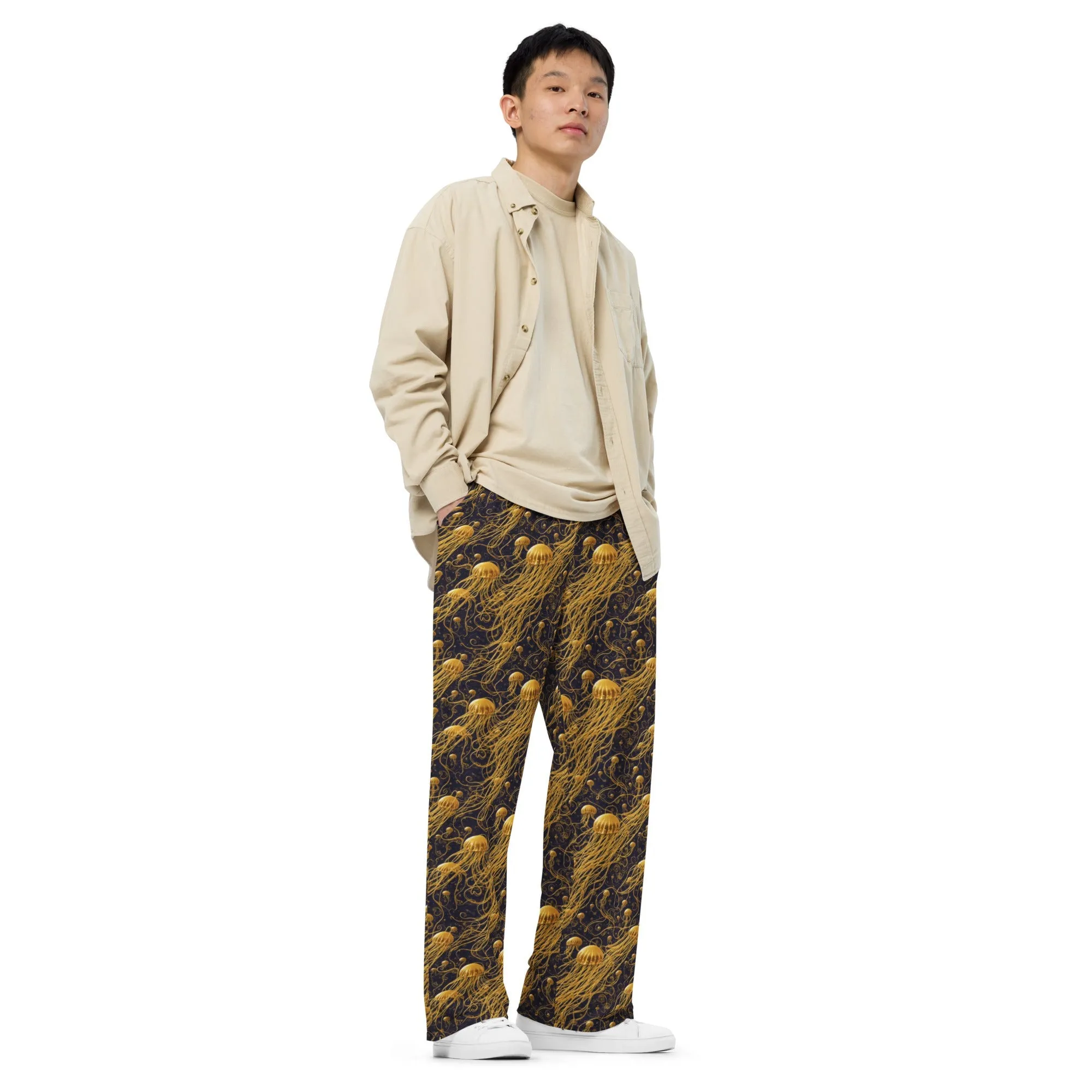 Wide-leg Pants - Black and Gold Jellyfishes