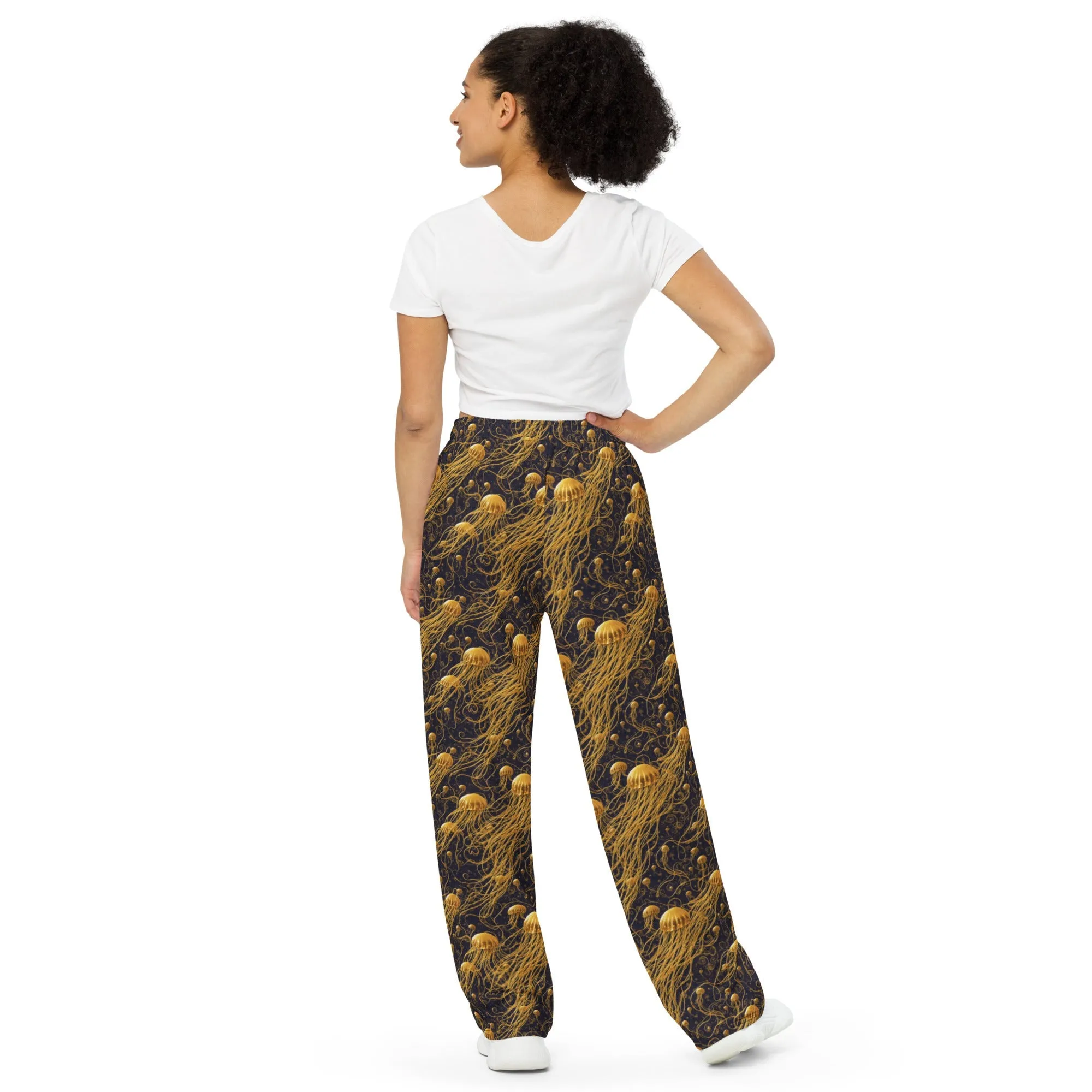 Wide-leg Pants - Black and Gold Jellyfishes