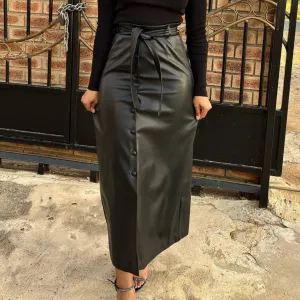Women Black Faux Leather Slit Slim Skirt
