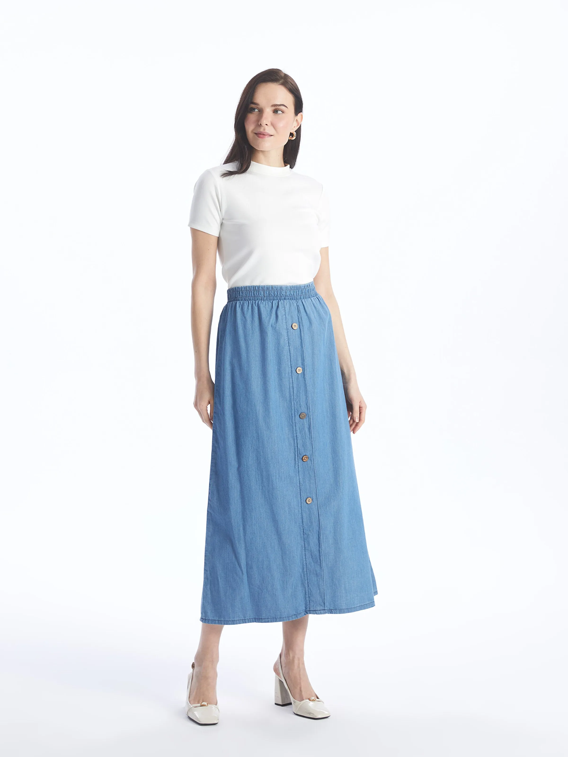 Women Elastic Waist Straight Jean Skirt