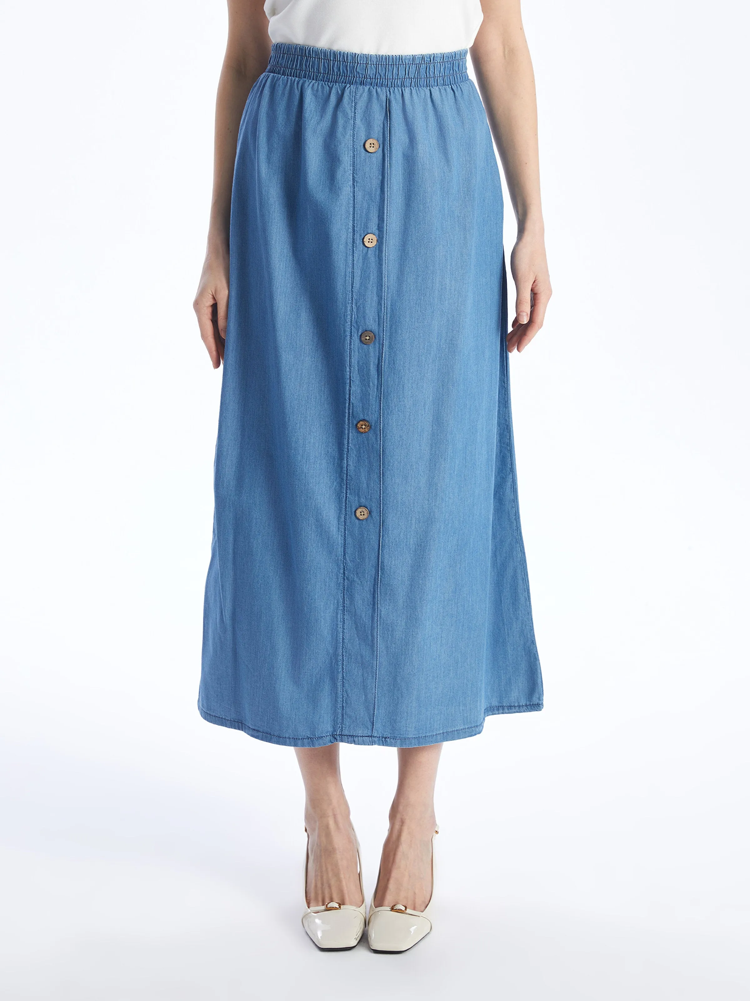 Women Elastic Waist Straight Jean Skirt