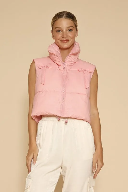 Women's Pink Bow Cropped Puffer Vest