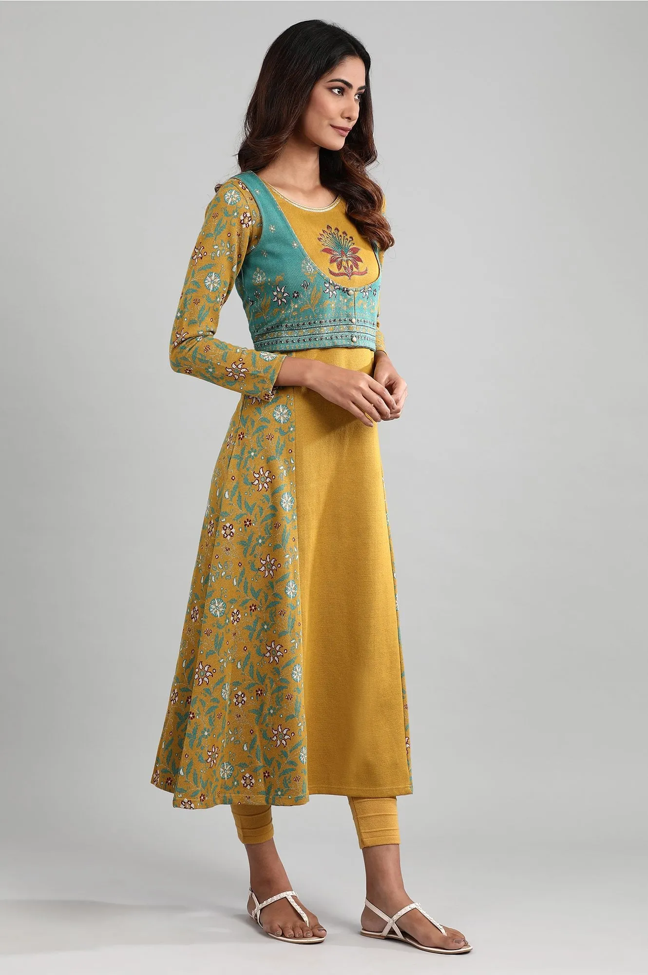 Yellow Round Neck Winter kurta