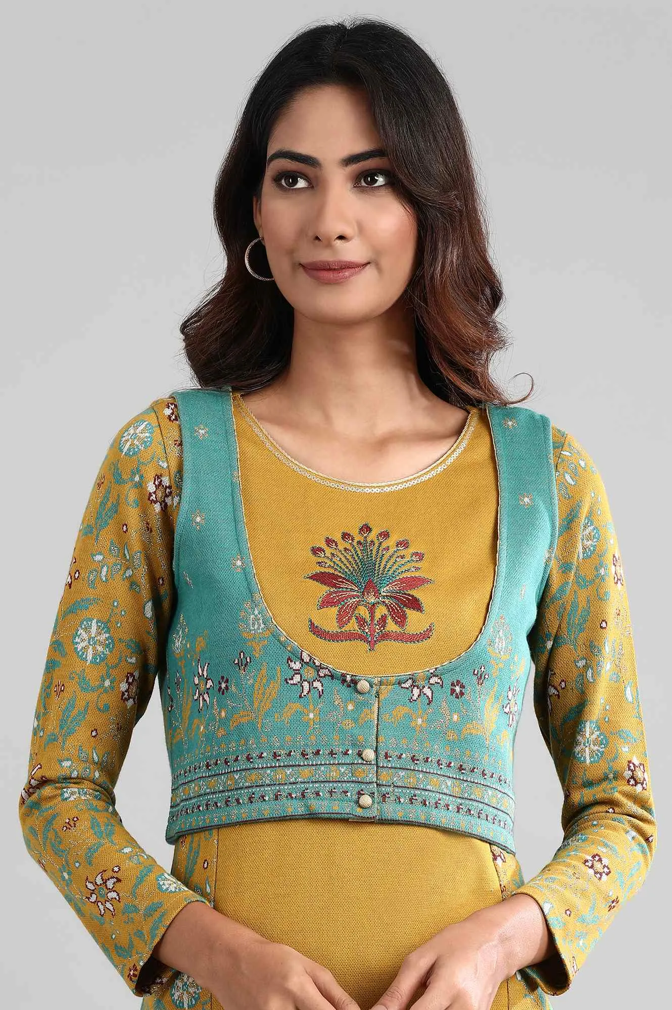 Yellow Round Neck Winter kurta